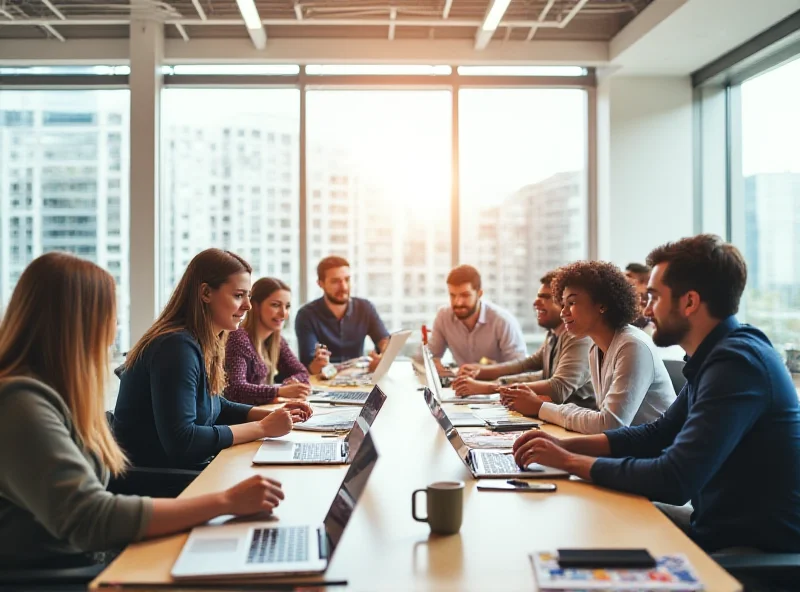 A modern office space with young professionals collaborating around a table, working on laptops and discussing ideas. The scene conveys innovation, teamwork, and the dynamic environment of a tech startup. The overall tone is bright and optimistic.