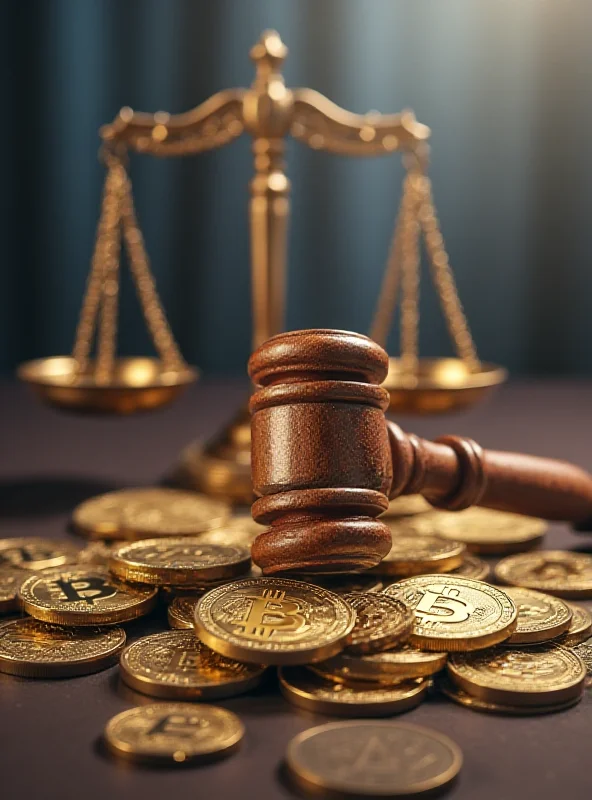 Illustration depicting a gavel striking down on cryptocurrency symbols, with the scales of justice in the background.