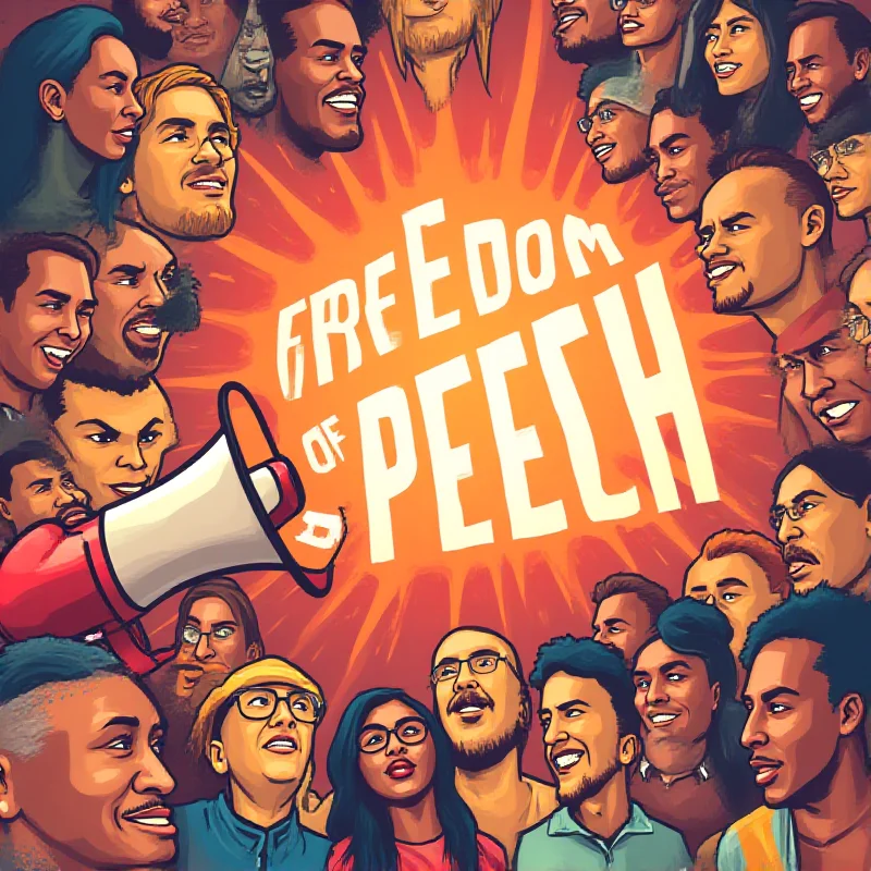 Digital illustration showing a megaphone with the Rumble logo, projecting the words 'Freedom of Speech' against a backdrop of diverse faces.
