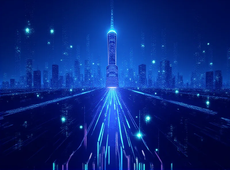 Futuristic cityscape with AI data streams overlaid