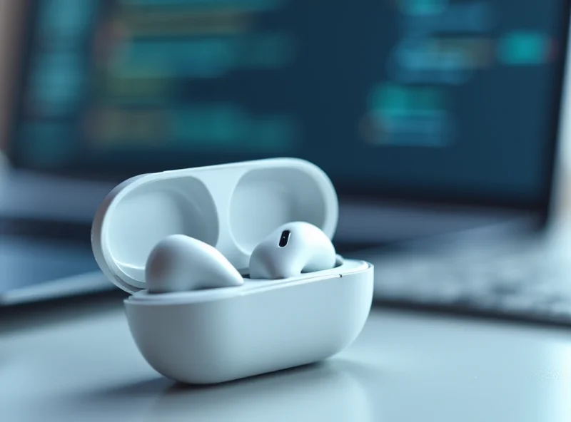 AI-powered earbuds in their charging case, transcribing audio.