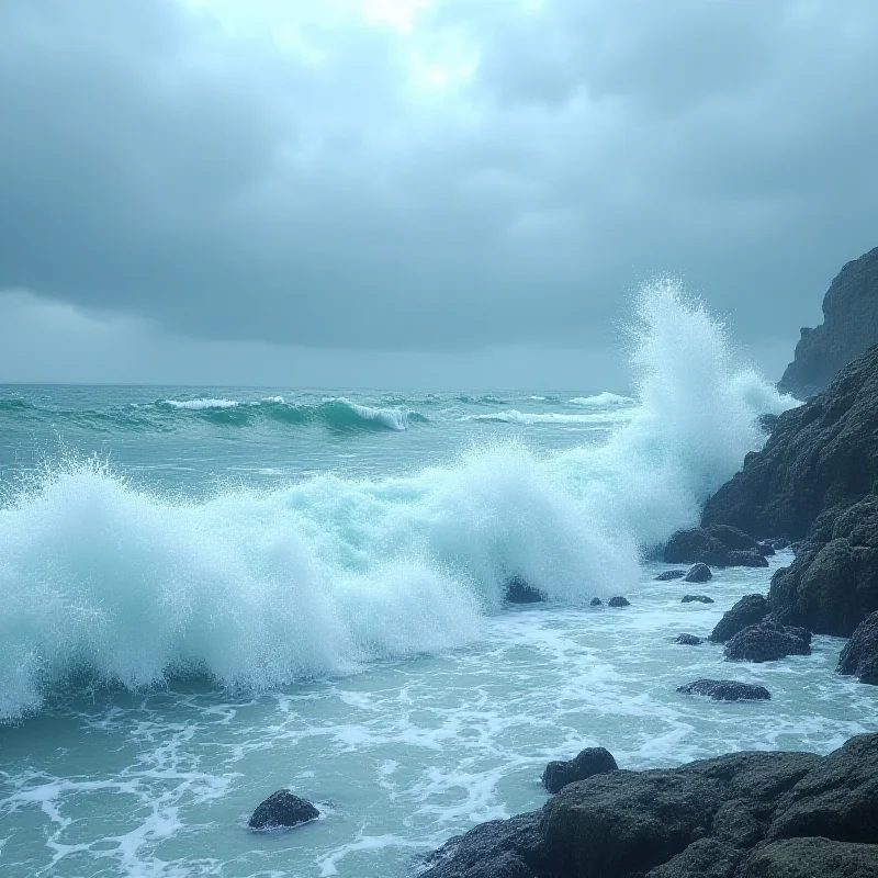 A realistic rendering of ocean waves crashing against a rocky shore, simulating a storm.