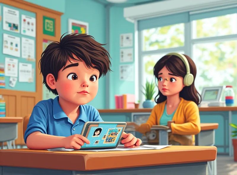 Illustration of a student using a tablet with an AI assistant, with a teacher looking concerned in the background.