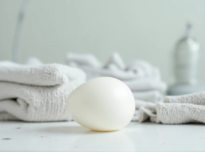 Close-up shot of a white, egg-shaped laundry detergent alternative in a laundry room setting, surrounded by clean, folded clothes and a washing machine. The focus is on the egg, highlighting its unique shape and eco-friendly appeal. Soft, natural lighting enhances the clean and sustainable vibe.