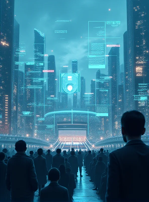 A futuristic cityscape with sleek, modern stadium in the background. Holographic displays show real-time biometric data flowing around the stadium entrance, with a concerned expression on a spectator's face subtly visible in the foreground. The overall tone is cautionary, emphasizing the ethical concerns surrounding biometric data collection.