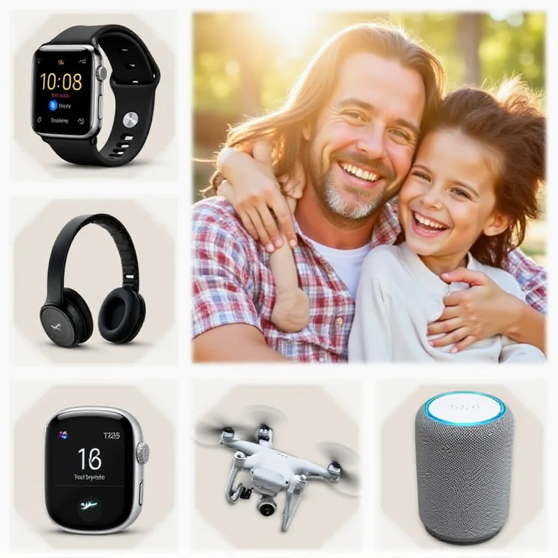 A collage of various tech gadgets suitable for Father's Day gifts. Includes a smartwatch, wireless headphones, a smart home device (like a smart speaker), and a drone. The background is a blurred image of a happy father and child, suggesting the joy of giving and receiving thoughtful gifts.