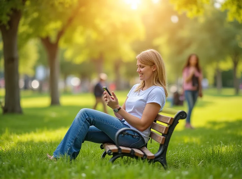 A person sitting in a park, holding their phone and touching the grass with their other hand.