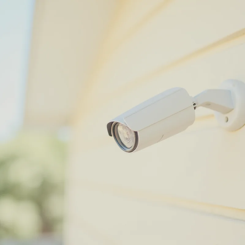 A close-up of a security camera mounted on the exterior of a house.