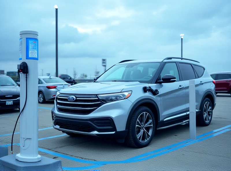 Ford Explorer electric vehicle charging at a charging station.