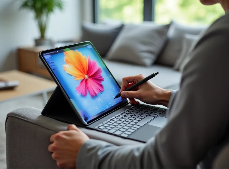A person using the new iPad with a keyboard and stylus