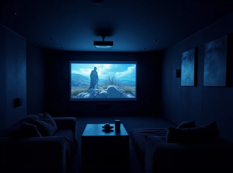 A modern home theater setup with a projector displaying a movie on a large screen