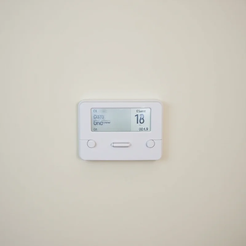 A sleek and modern kitchen featuring the Ecobee Smart Thermostat Essential mounted on the wall, displaying a user-friendly interface.