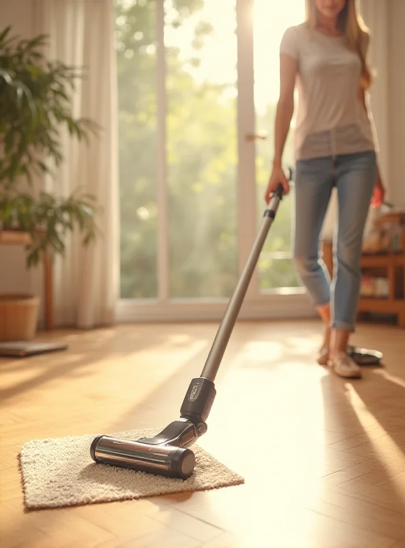 A person using a cordless stick vacuum on a hardwood floor with a bright window in the background.