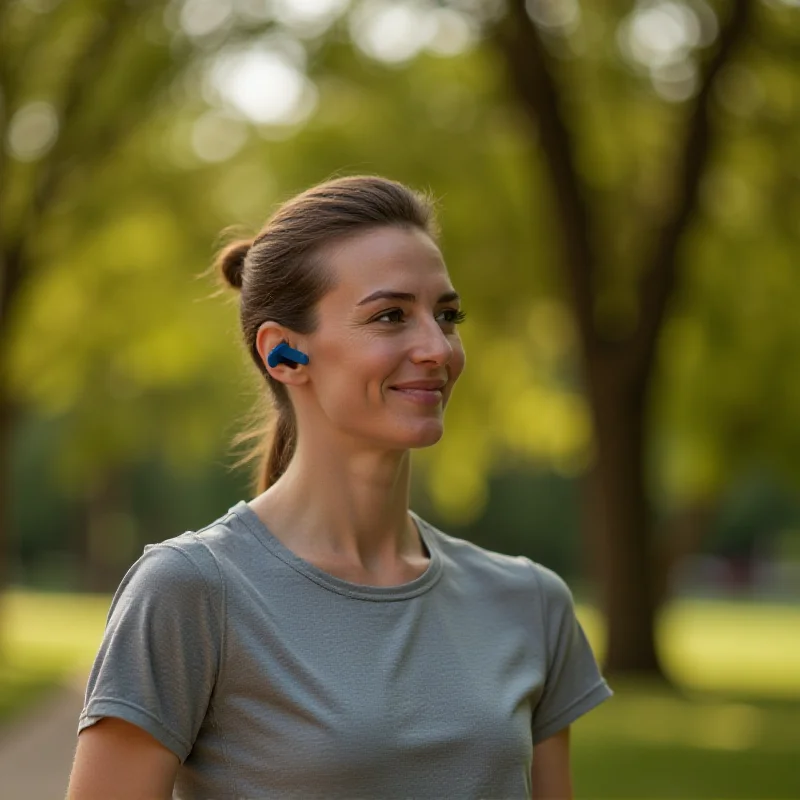 Close-up of a person wearing EarFun OpenJump open-ear earbuds while jogging outdoors.