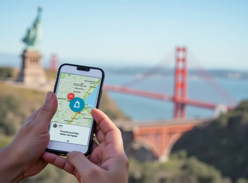 A person using a smartphone with a map displayed, indicating they are navigating while traveling in the USA. The screen also shows an eSIM data plan app.