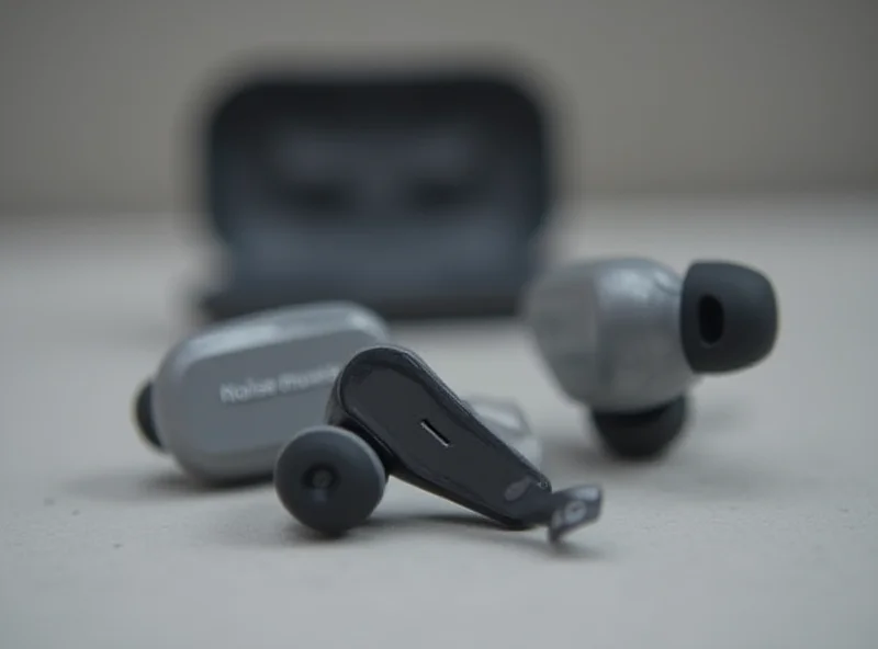 Close-up of Noise Master Buds earbuds, showcasing a sleek design. The background is blurred, highlighting the product.