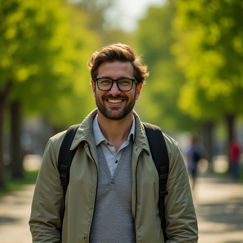A person wearing Lenskart Phonic smart glasses while casually walking in a city park. The glasses have a stylish, modern design and the person is smiling, suggesting a positive user experience.