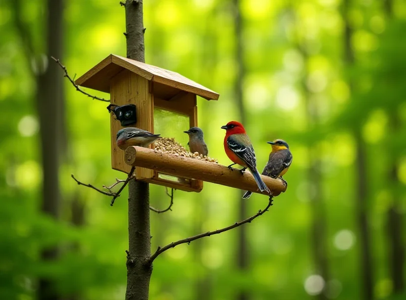 A VINGUYS Smart Bird Feeder mounted on a tree, capturing images of birds feeding.