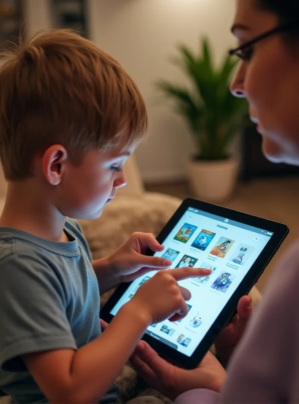 A parent and child looking at an iPad with the App Store open, highlighting age ratings.