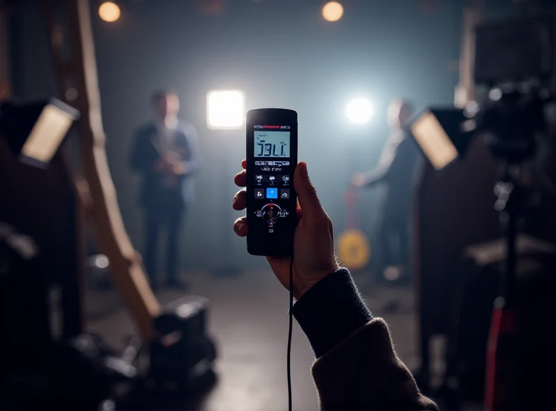 A photographer using the Datacolor LightColor Meter to measure light intensity on a film set.
