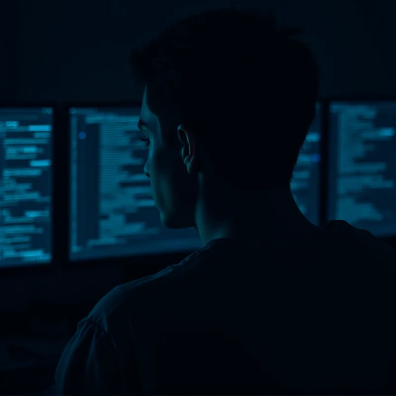 A dimly lit image of computer screens and digital code reflecting on a young person's face