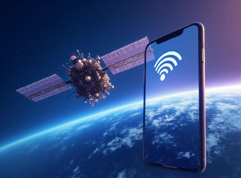 Satellite orbiting Earth with a smartphone screen showing a strong signal