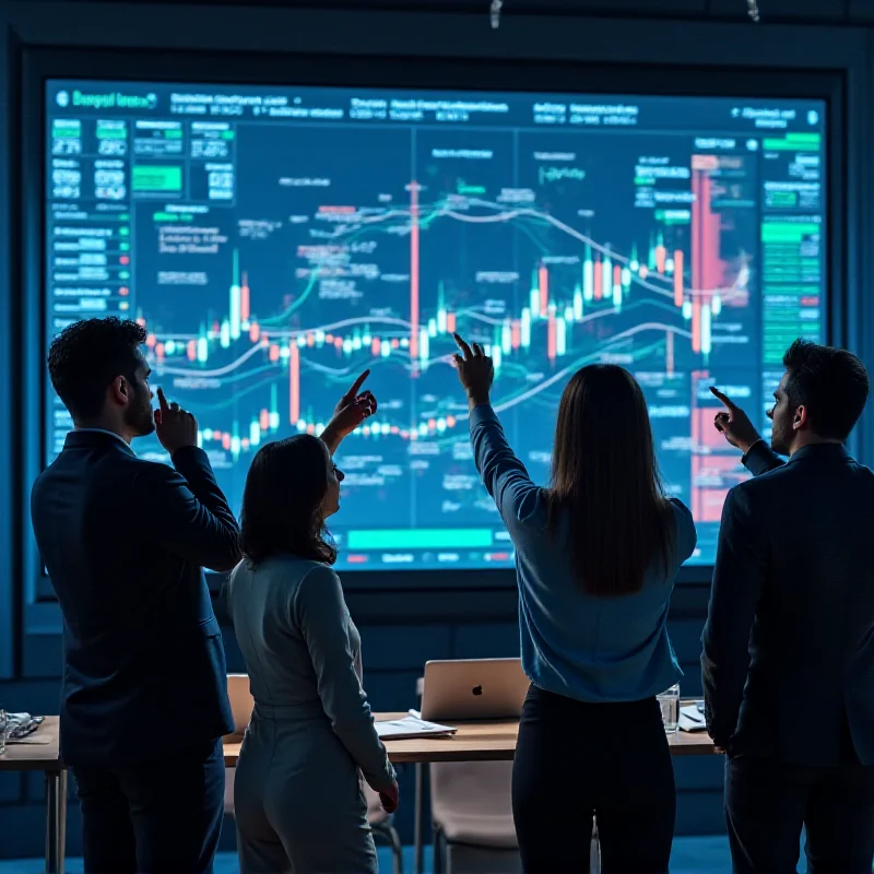 A diverse group of people looking at stock charts on a large screen
