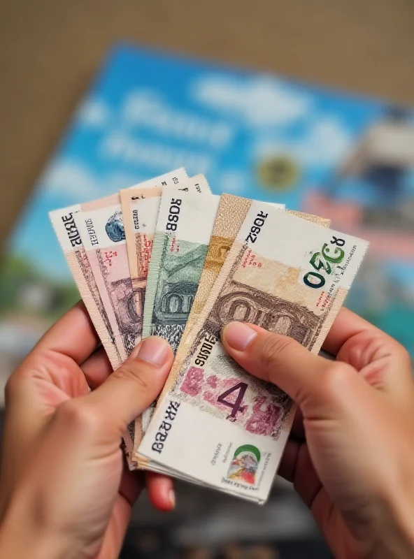 A person holding Czech currency notes, with a travel brochure in the background.