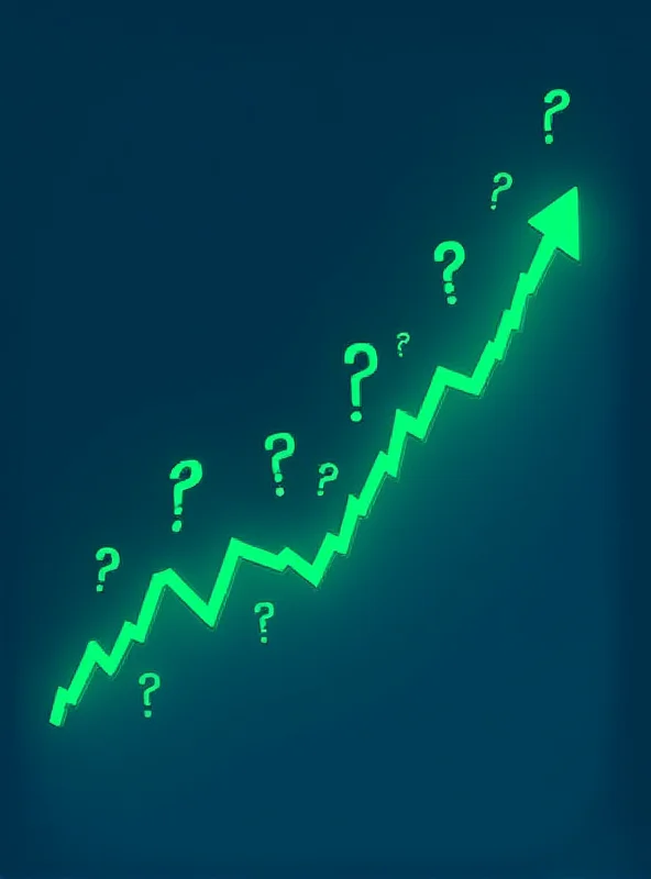 A graph showing Palantir's stock price surging upwards, with question marks surrounding the peak.