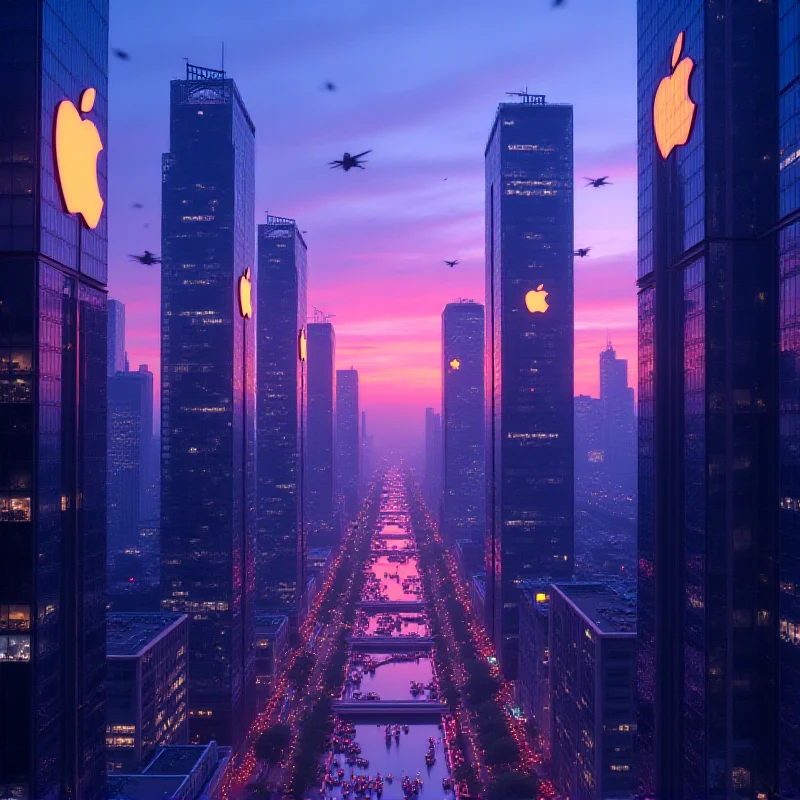 A futuristic cityscape with Apple and Palantir logos prominently displayed on skyscrapers, symbolizing their influence in the tech world.