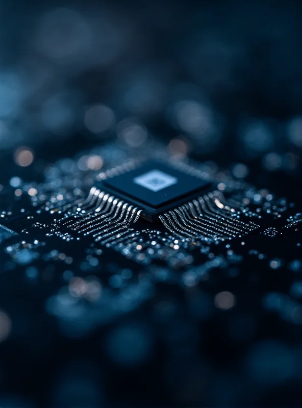 A close-up of a computer chip with intricate circuitry.