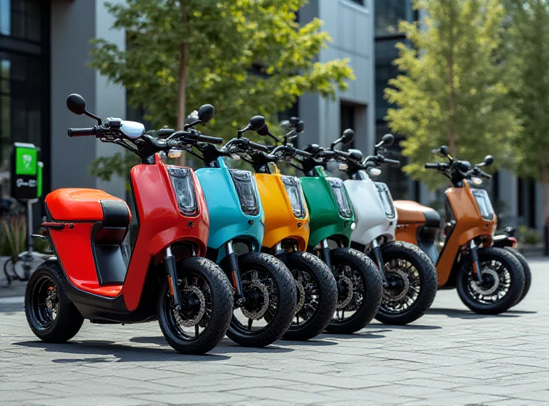 A lineup of Ola S1 Gen 3 electric scooters in vibrant colors, parked in a modern urban setting.