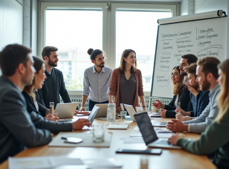 A diverse group of young Ukrainian entrepreneurs collaborating on a tech project in a modern office setting, with laptops and whiteboards visible.