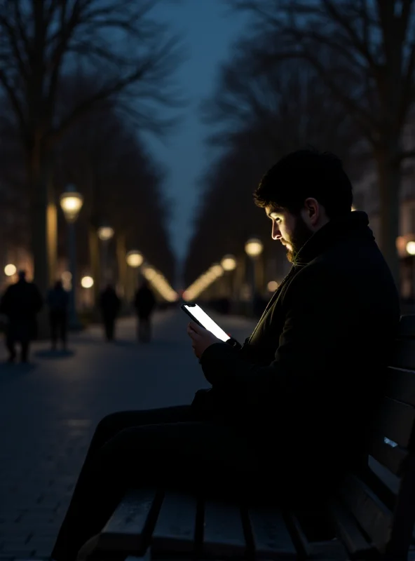 A person sitting on a park bench, illuminated by the glow of their mobile phone screen, with a blurred background of people enjoying the park.