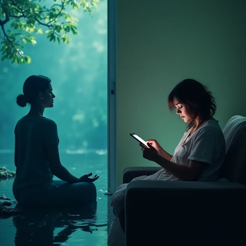 A split screen showing a person meditating on one side and a person endlessly scrolling through social media on a phone on the other side, representing mindful technology use versus mindless consumption.