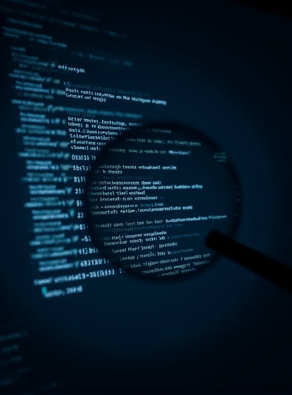 Code being deobfuscated on a computer screen with a magnifying glass hovering over it