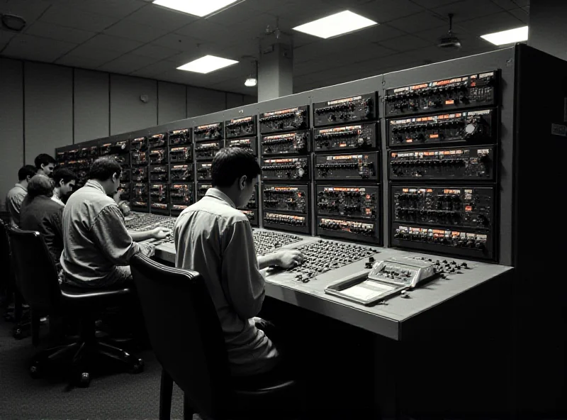 A vintage photograph of an IBM 650 computer system in operation, with engineers and operators working around it.
