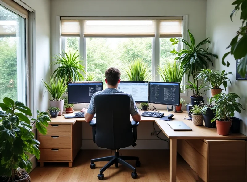 A well-organized work-from-home setup with multiple monitors, a comfortable chair, and good lighting.