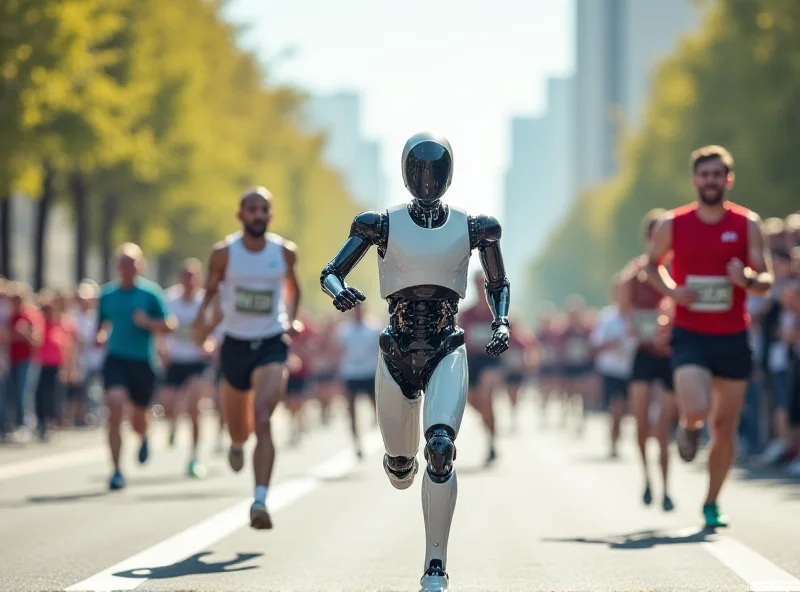 A humanoid robot running a marathon alongside human runners.