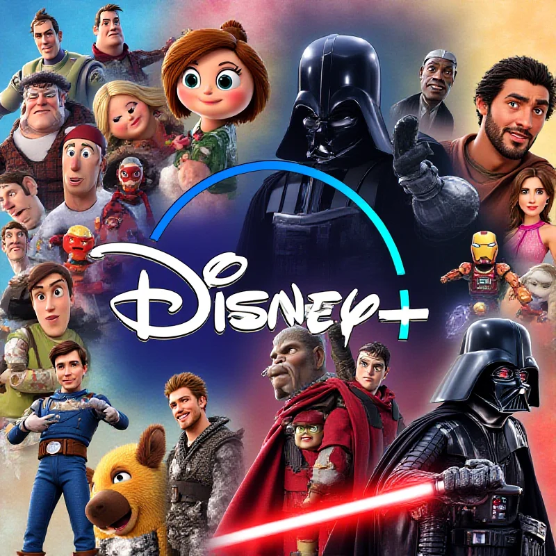 A collage of iconic characters from Disney, Pixar, Marvel, and Star Wars, representing the content available on Disney Plus.