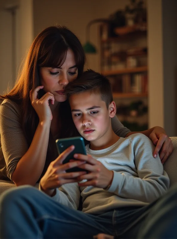 Teenager using a smartphone with a concerned parent looking on.