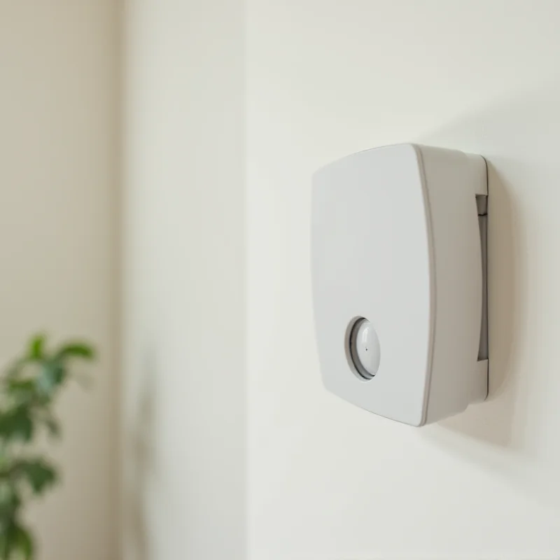 Close up of a carbon monoxide detector mounted on a wall.