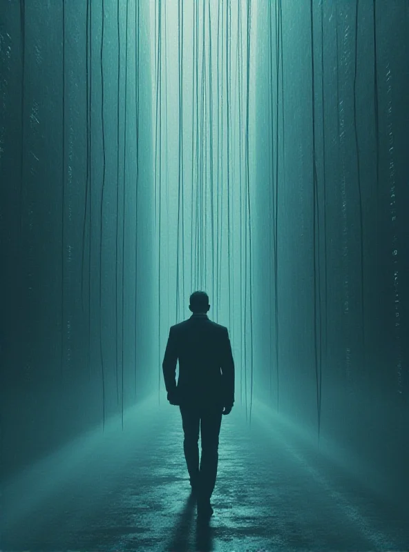 A stylized representation of a human figure being controlled by digital strings, symbolizing the potential for a digital dictatorship.