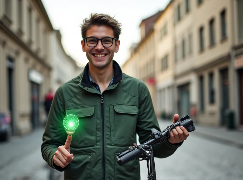 A young engineer in Lyon proudly displaying the CactUs Lock anti-theft device, with a faint green gas emanating from it.