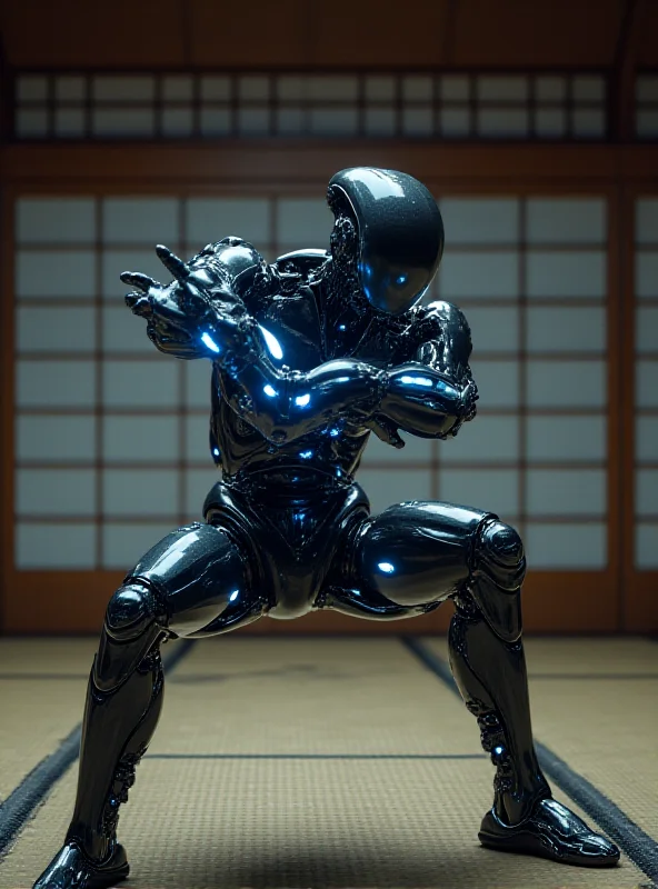 A humanoid robot performing a kung fu pose in a dimly lit dojo