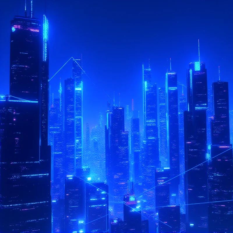 A futuristic cityscape with glowing networks representing the interconnectedness of technology.