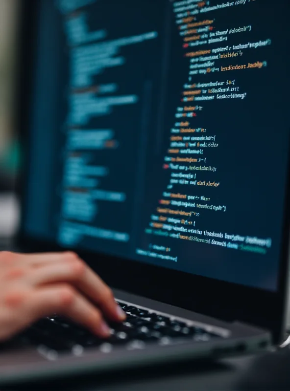 Developer coding HTML5 on a laptop with various code snippets displayed