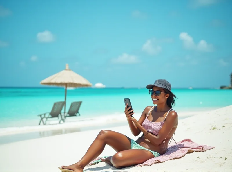Traveler using a smartphone on a tropical beach in the Maldives