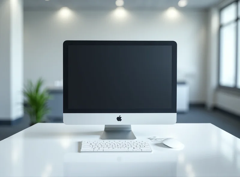 A sleek, silver refurbished M4 iMac sitting on a clean, modern desk in a well-lit office environment.