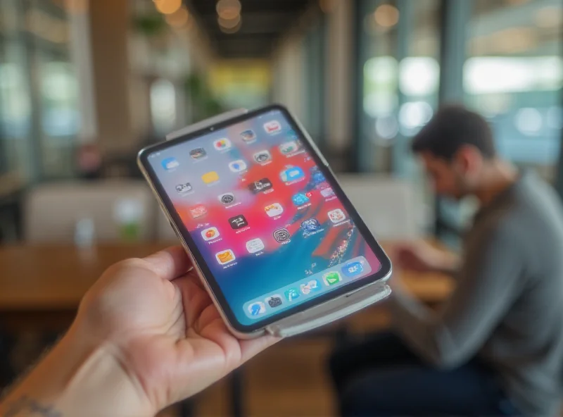 Close-up of a person holding a sleek, new iPad Air, showcasing its thin design and vibrant display.